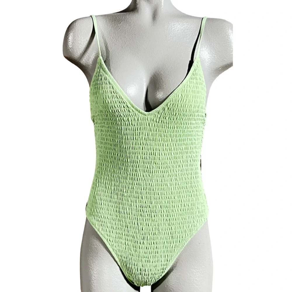 NEW RHYTHM x FREE PEOPLE CATCUS GREEN SMOCKED HI CUT ONE PIECE SWIMSUIT SZ S